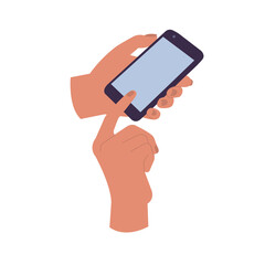 Vector illustration human hand holding smart phone and second one showig at screen isolates on a white background.