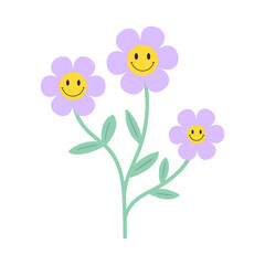 Abstract flower with smiling faces. 70s, 80s, 90s vibes sticker. Psychedelic vector illustration for design and print
