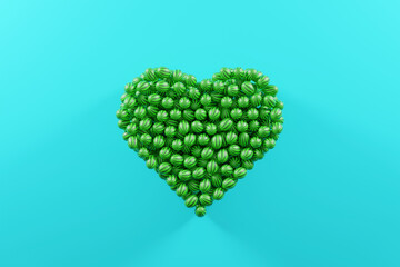 many whole watermelons lie in the shape of a heart on a solid blue background, the concept of summer mood and love for sweet berries, 3d rendering