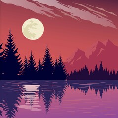 night landscape with mountains and lake