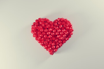 abstract red heart made of polygons in the form of balls on a white geometric background,...