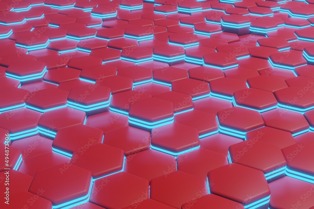 Poster luminous hexagons, red and cyan abstract background made of geometric shapes, color structure made o