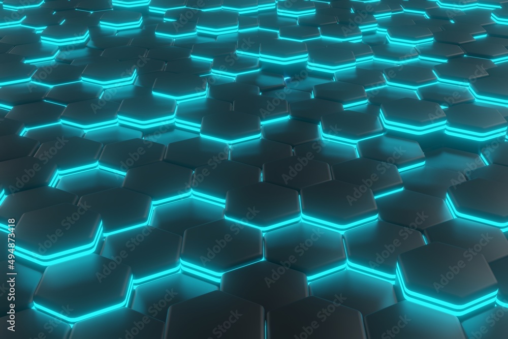 Aufkleber luminous hexagons, black and cyan abstract background made of geometric shapes, color structure made