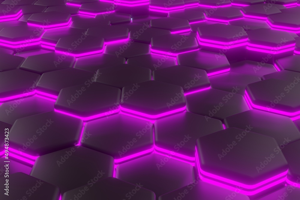 Poster luminous hexagons, black and purple abstract background made of geometric shapes, color structure ma