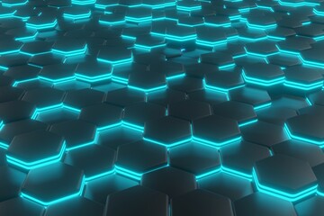 Obraz premium luminous hexagons, black and cyan abstract background made of geometric shapes, color structure made of honeycombs, 3d rendering