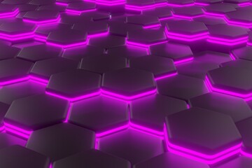 luminous hexagons, black and purple abstract background made of geometric shapes, color structure made of honeycombs, 3d rendering © Igor Kapustin
