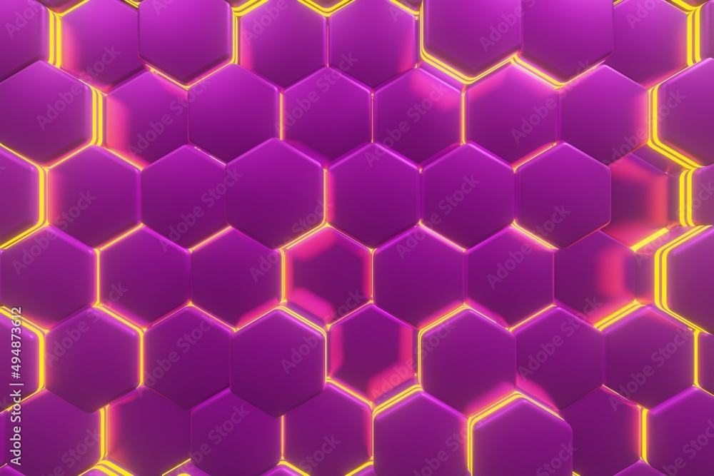 Poster purple and yellow luminous hexagons, abstract background made of geometric shapes, color structure m