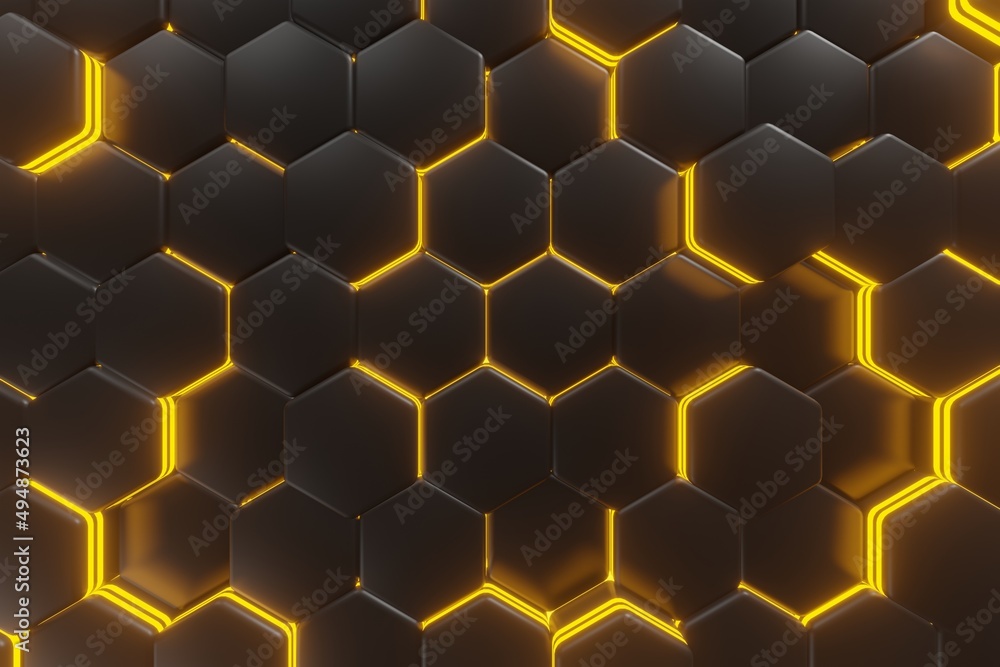 Poster luminous hexagons, black and orange or yellow abstract background made of geometric shapes, color st