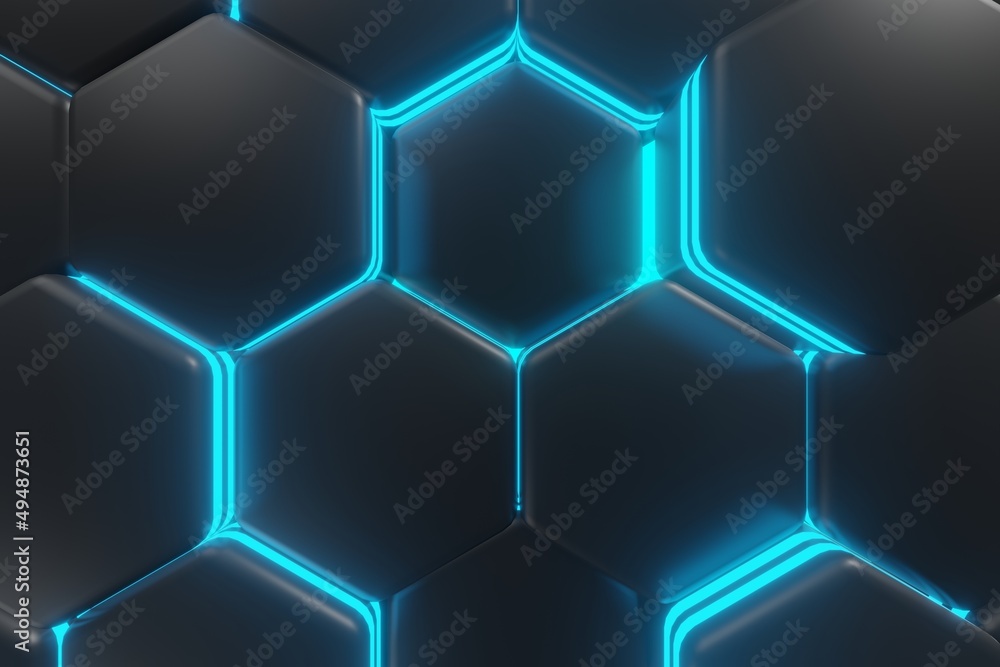 Aufkleber luminous hexagons, black and cyan abstract background made of geometric shapes, color structure made