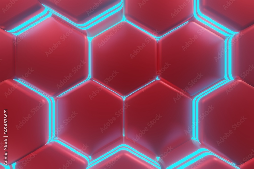 Poster luminous hexagons, red and cyan abstract background made of geometric shapes, color structure made o