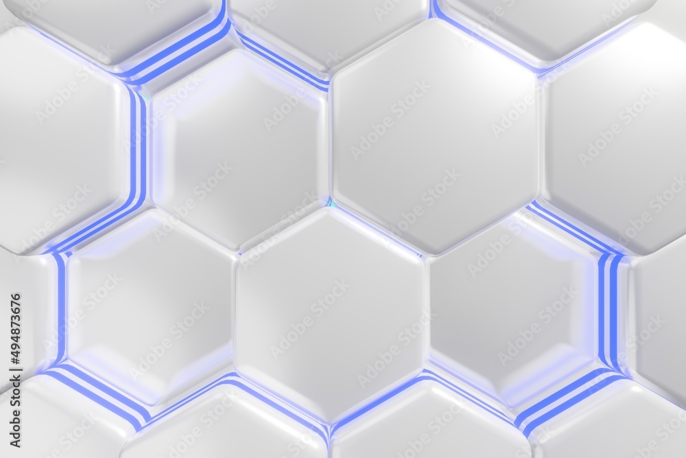 Poster white and blue hexagons, abstract background made of geometric shapes, color structure made of honey