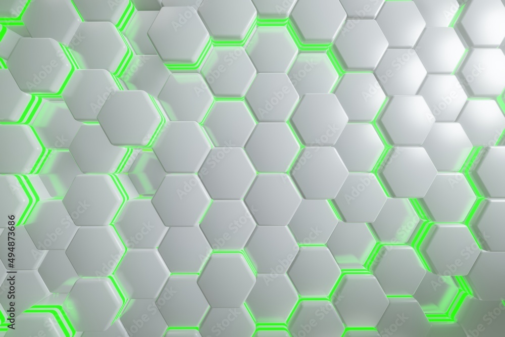 Fototapete white and green lighting hexagons, abstract background made of geometric shapes, color structure made of honeycombs, 3d rendering