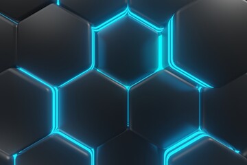 luminous hexagons, black and cyan abstract background made of geometric shapes, color structure...