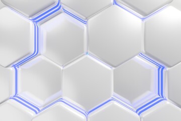 white and blue hexagons, abstract background made of geometric shapes, color structure made of honeycombs, 3d rendering