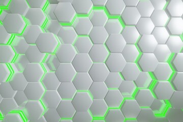 white and green lighting hexagons, abstract background made of geometric shapes, color structure made of honeycombs, 3d rendering © Igor Kapustin