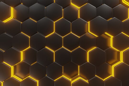 Luminous Hexagons, Black And Orange Or Yellow Abstract Background Made Of Geometric Shapes, Color Structure Made Of Honeycombs, 3d Rendering