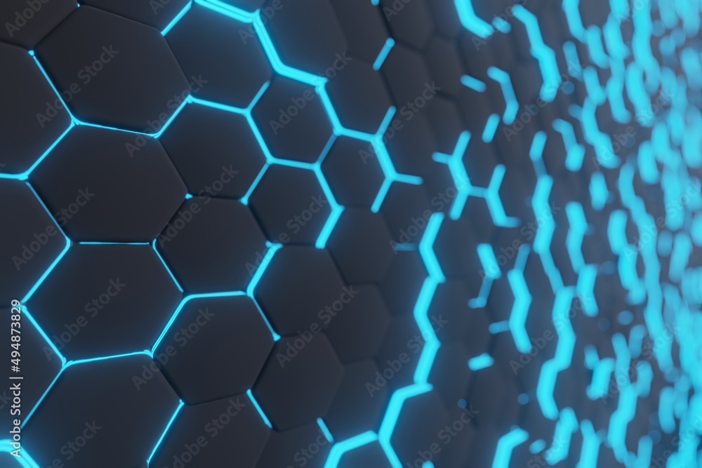 Poster blue hexagons, abstract background made of geometric shapes, structure made of honeycombs, 3d render