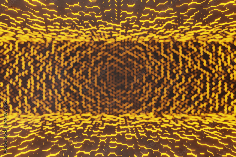 Poster yellow hexagons, abstract background made of geometric shapes, structure made of honeycombs, 3d rend