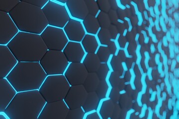 Obraz premium blue hexagons, abstract background made of geometric shapes, structure made of honeycombs, 3d rendering with bokeh copy space for text