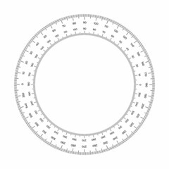 Vector illustration round meter scale isolated on white background. Measuring circle scale in flat style. Circular ruler template. 360 degrees. Protractor grid.
