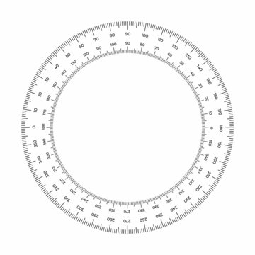 Vector illustration round meter scale isolated on white background. Measuring circle scale in flat style. Circular ruler template. 360 degrees. Protractor grid.