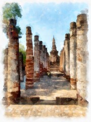 Landscape of ancient ruins in Sukhothai World Heritage Site Thailand watercolor style illustration impressionist painting.