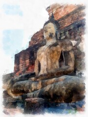 Fototapeta na wymiar Landscape of ancient ruins in Sukhothai World Heritage Site Thailand watercolor style illustration impressionist painting.