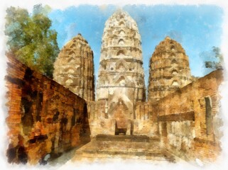 Fototapeta premium Landscape of ancient ruins in Sukhothai World Heritage Site Thailand watercolor style illustration impressionist painting.