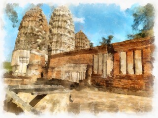 Landscape of ancient ruins in Sukhothai World Heritage Site Thailand watercolor style illustration impressionist painting.