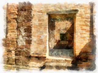 Fototapeta na wymiar Landscape of ancient ruins in Sukhothai World Heritage Site Thailand watercolor style illustration impressionist painting.