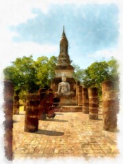 Fototapeta premium Landscape of ancient ruins in Sukhothai World Heritage Site Thailand watercolor style illustration impressionist painting.