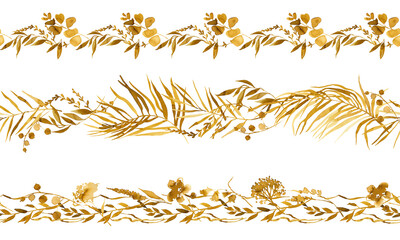 watercolor botanic Leaf and flowers banner set. Seamless pattern golden herbal composition isolated on white.