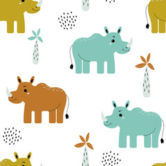 Cute rhinos seamless pattern. Funny hand drawn animals. Creative baby background in Scandinavian style. Safari vector illustration. Rhinoceros and palm trees.