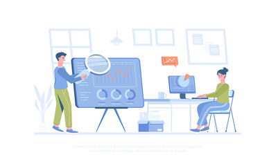 Fototapeta premium Big data analysis, business statistics research. Analysts analyze charts, graphs, database. Cartoon modern flat vector illustration for banner, website design, landing page.