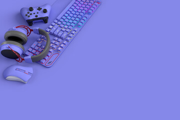 Top view of gamer workspace and gear like mouse, keyboard, joystick, headset