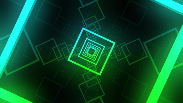 3d abstract geometry tunnel. Colored gradient square shapes move in perspective on an empty black background. Show, holiday, performance concept