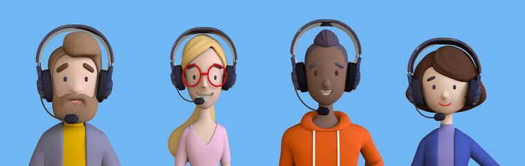 Call center agents avatars collection set. Call center, customer support, telemarketing agents. 3D render style cartoon portraits set.	
