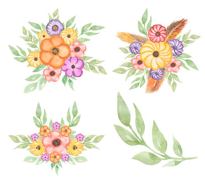 Watercolor bright bouquet compositions set. Hand painted florals illustration isolated on white background. Greenery clip art. Cute flowers for design