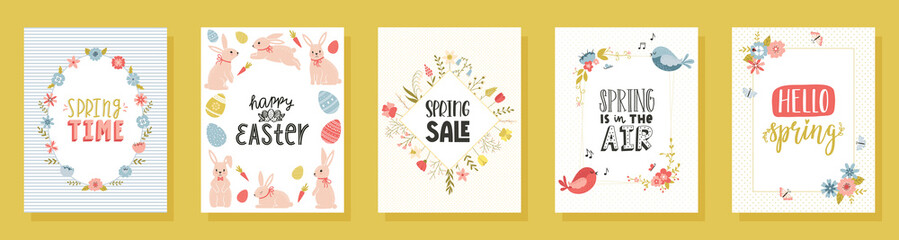 A set of Easter greeting cards with handwritten phrases, Easter bunnies, flowers, birds, floral frame. Happy Easter, hello spring. Vector illustrations in a cute cartoon style on a white background.
