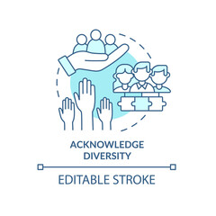 Acknowledge diversity turquoise concept icon. Distinctive circumstances. ILAP abstract idea thin line illustration. Isolated outline drawing. Editable stroke. Arial, Myriad Pro-Bold fonts used