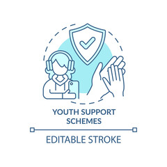 Youth support schemes turquoise concept icon. Teens assistance. Social planning abstract idea thin line illustration. Isolated outline drawing. Editable stroke. Arial, Myriad Pro-Bold fonts used