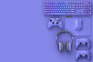 Top view of gamer workspace and gear like mouse, keyboard, joystick, headset