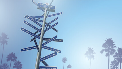 Street Sign with the Sister Cities of Los Angeles and California fan palm tree silhouette as a background. Vancouver, Guangzhou, Bordeaux, Mumbai, Mexico City, San Salvador, Jakarta, Kaunas, Auckland.