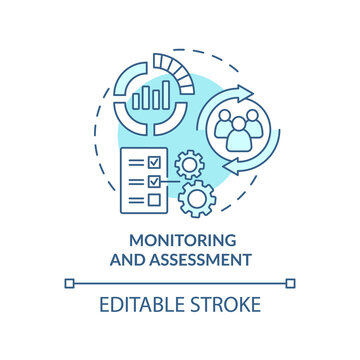 Monitoring and assessment turquoise concept icon. Evaluate progress. Social planning abstract idea thin line illustration. Isolated outline drawing. Editable stroke. Arial, Myriad Pro-Bold fonts used