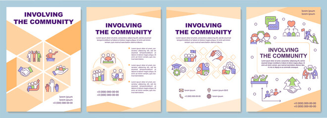 Fototapeta na wymiar Involving community brochure template. Social planning. Leaflet design with linear icons. 4 vector layouts for presentation, annual reports. Arial-Black, Myriad Pro-Regular fonts used