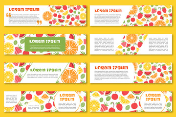 Vector banners of summer fruits with seamless pattern. Design for juices, ice cream, natural cosmetics, sweets and pastries with fruit filling, dessert menu, health products. With place for text.