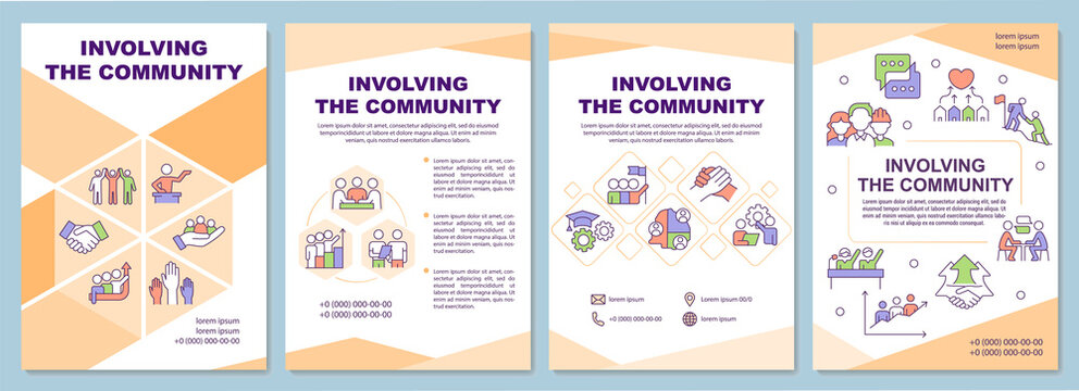 Involving community brochure template. Social planning. Leaflet design with linear icons. 4 vector layouts for presentation, annual reports. Arial-Black, Myriad Pro-Regular fonts used