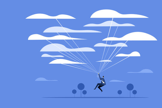 Conceptual illustration of a man flying up holding the strings attached to clouds