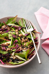 Beetroot leaves Chard with canned tuna and baked purple sweet potato and mozzarella, healthy fresh...