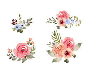 Botanical set of watercolor flowers and bouquets on a white background. illustration hand painted.